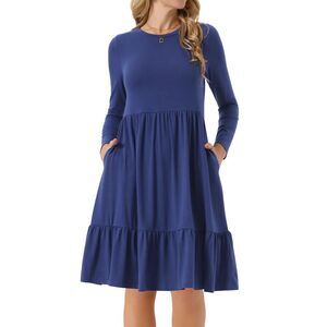 Casual Long Sleeve Round Neck Beach Loose Dress with Pockets Dark Blue